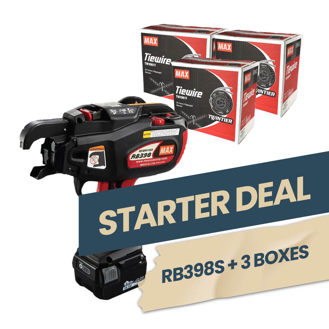 MAX Starter Deal (RB398S Rebar Tying Tool + 3 Boxes of Tie Wire)